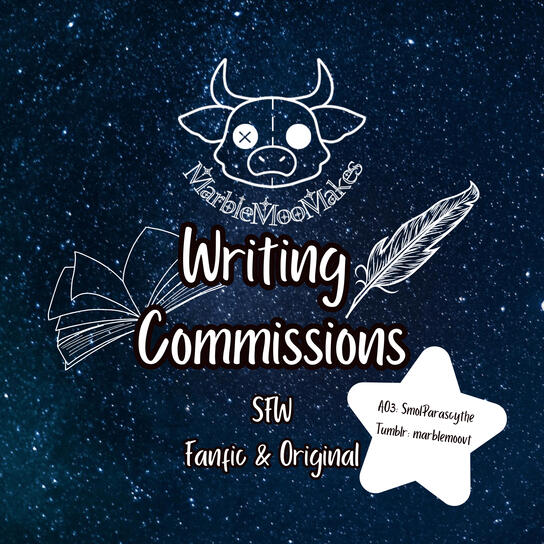 MarbleMooMakes writing commissions. A white line-art logo of a cow plushie appears at the top over a dark blue starry galaxy background. Large text in the center reads 'Writing Commissions,' with an open book illustration on the left and a feather quill on
