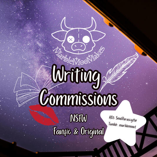 Marble Moo Writing Commisions NSFW MarbleMooMakes nsfw writing commissions. A white line-art logo of a cow plushie appears at the top over a purple starry galaxy background. Large text in the center reads 'Writing Commissions,' with an open book illustration on the left and a feather quill